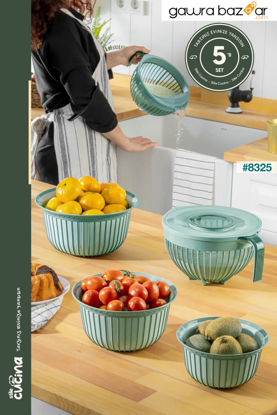 طقم مهر لينيا متعدد الأغراض مكون من 5 قطع باللون الأخضر 1x (وعاء خلاط 3 لتر) 1x (3 أوعية حجم) 1x (مصفاة أرز 3 لتر) Stile Cucina 0