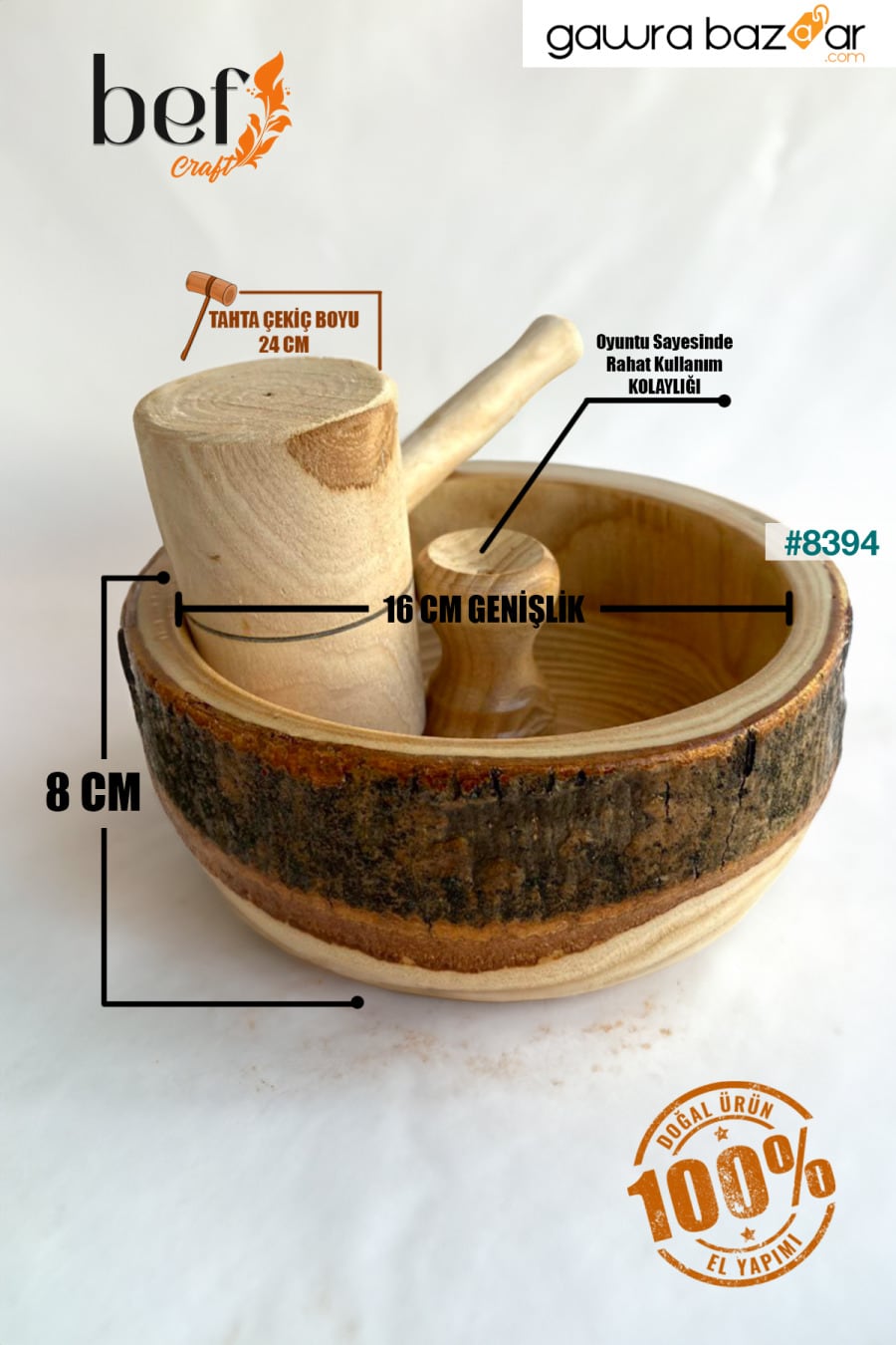 مكسر البندق والجوز الخشبي الطبيعي بنسبة 100% مصنوع يدويًا مع غطاء ومطرقة BEFGROUP 7