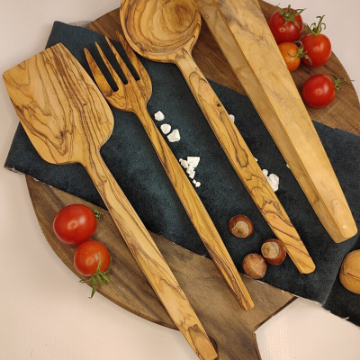 ملعقة خشبية ملعقة كبيرة طقم تقديم خشبي مجموعة من 4 أدوات المطبخ من خشب الزيتون