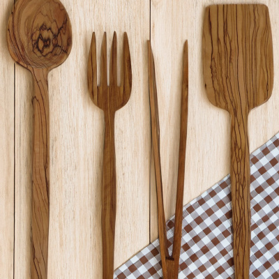 ملعقة خشبية ملعقة كبيرة طقم تقديم خشبي مجموعة من 4 أدوات المطبخ من خشب الزيتون