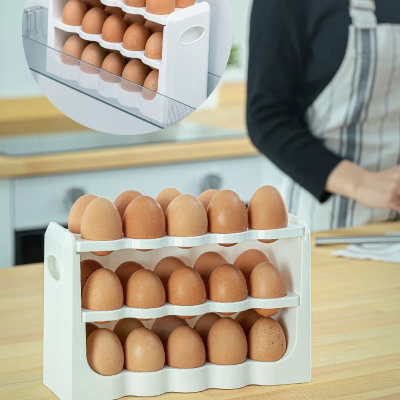 حامل بيض مكون من 30 حجرة - حاوية تخزين لرف البيض مكونة من 3 طبقات باللون الأبيض