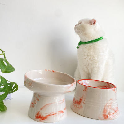 وعاء ماء من السيراميك لطعام القطط والكلاب (برتقالي أبيض وخطوط برتقالية اللون - نمط رخامي - عبوة من قطعتين)
