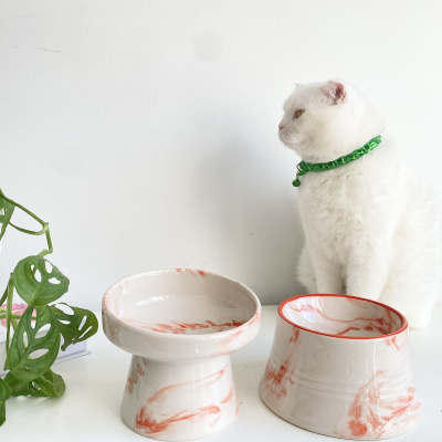 وعاء ماء من السيراميك لطعام القطط والكلاب (برتقالي أبيض وخطوط برتقالية اللون - نمط رخامي - عبوة من قطعتين)