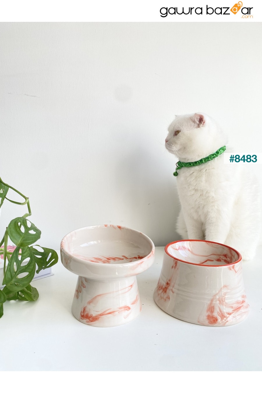 وعاء ماء من السيراميك لطعام القطط والكلاب (برتقالي أبيض وخطوط برتقالية اللون - نمط رخامي - عبوة من قطعتين) stilinbu 1