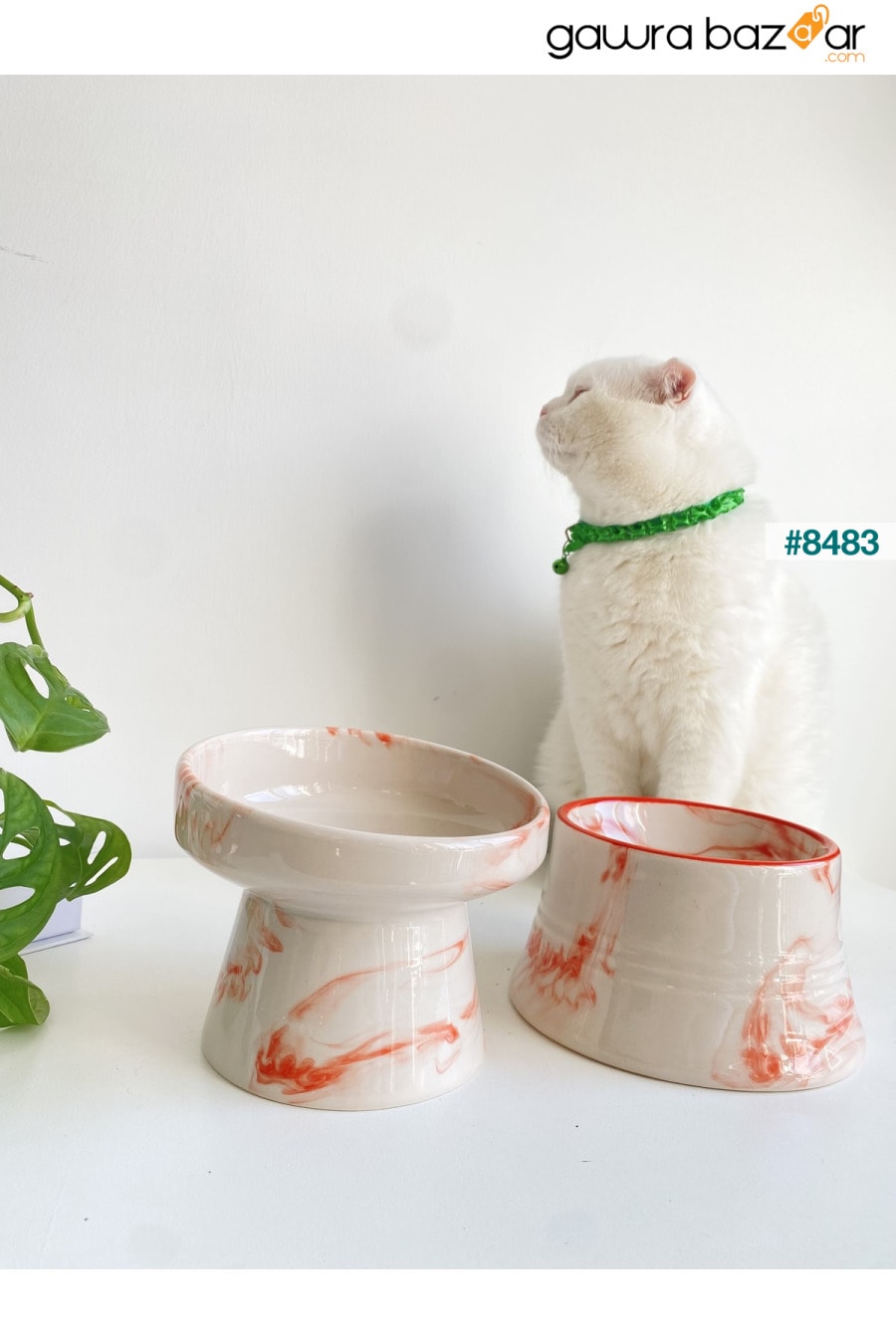 وعاء ماء من السيراميك لطعام القطط والكلاب (برتقالي أبيض وخطوط برتقالية اللون - نمط رخامي - عبوة من قطعتين) stilinbu 2