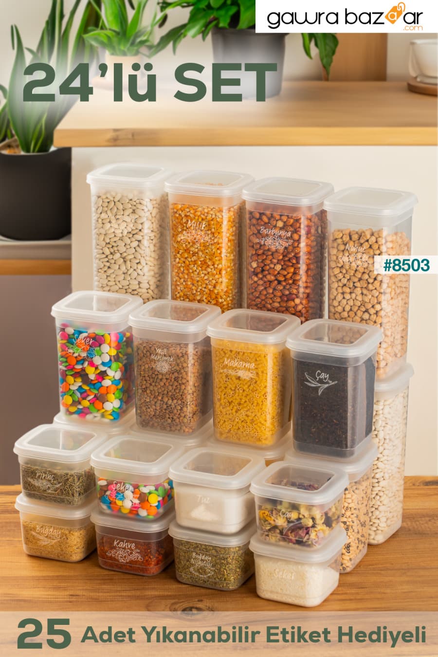 433-4 مجموعة حاويات تخزين التوابل المكونة من 24 قطعة مربعة من المواد الغذائية 8x(0.60+1.30+1.90) لتر شفاف Porsima 0