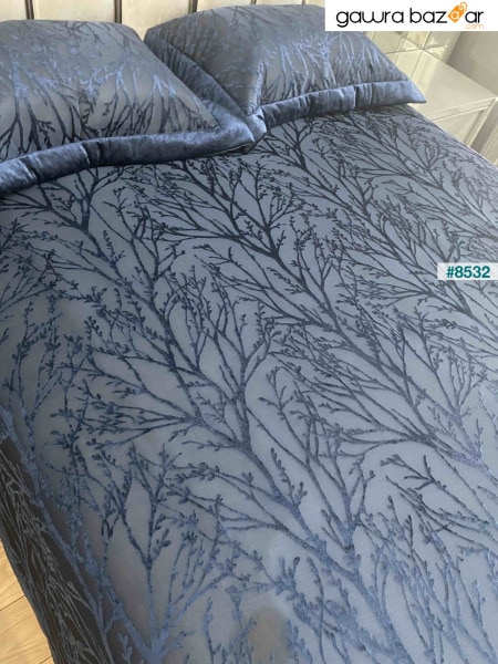 طقم مفرش سرير لوح مزدوج مملوء بالألياف مخمل ربيعي أزرق داكن