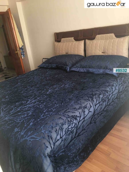 طقم مفرش سرير لوح مزدوج مملوء بالألياف مخمل ربيعي أزرق داكن