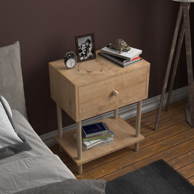 منضدة حديثة مع غطاء منسدل لرف غرفة النوم وطاولة جانبية منظمة بأرجل خشبية - بلوط ياقوتي