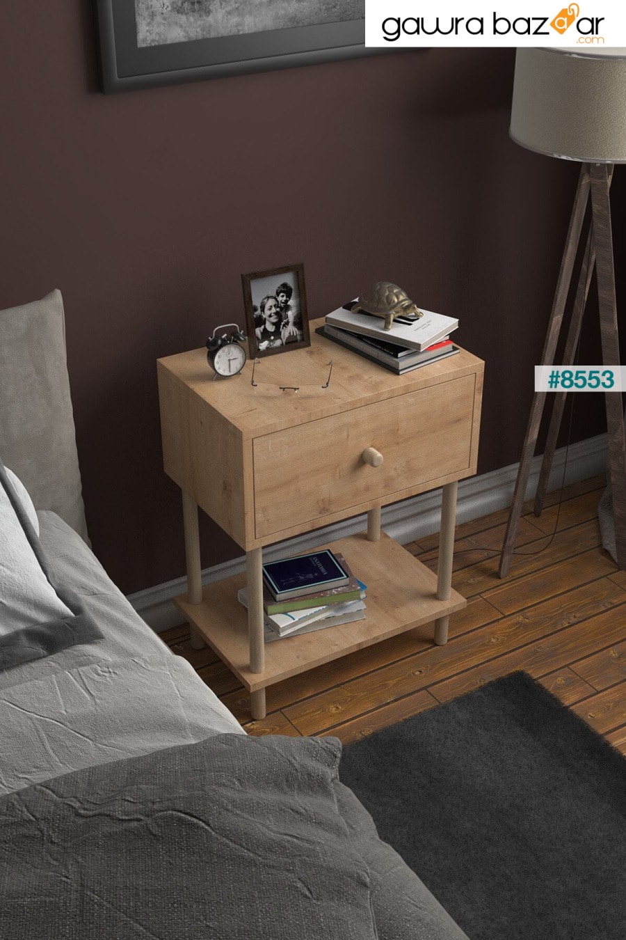 منضدة حديثة مع غطاء منسدل لرف غرفة النوم وطاولة جانبية منظمة بأرجل خشبية - بلوط ياقوتي PEKA 1