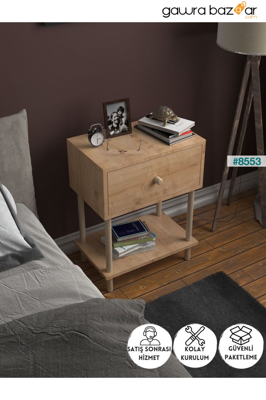 منضدة حديثة مع غطاء منسدل لرف غرفة النوم وطاولة جانبية منظمة بأرجل خشبية - بلوط ياقوتي PEKA 0