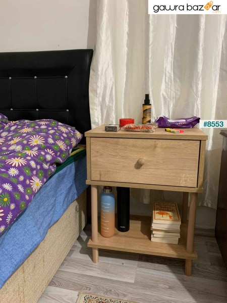 منضدة حديثة مع غطاء منسدل لرف غرفة النوم وطاولة جانبية منظمة بأرجل خشبية - بلوط ياقوتي