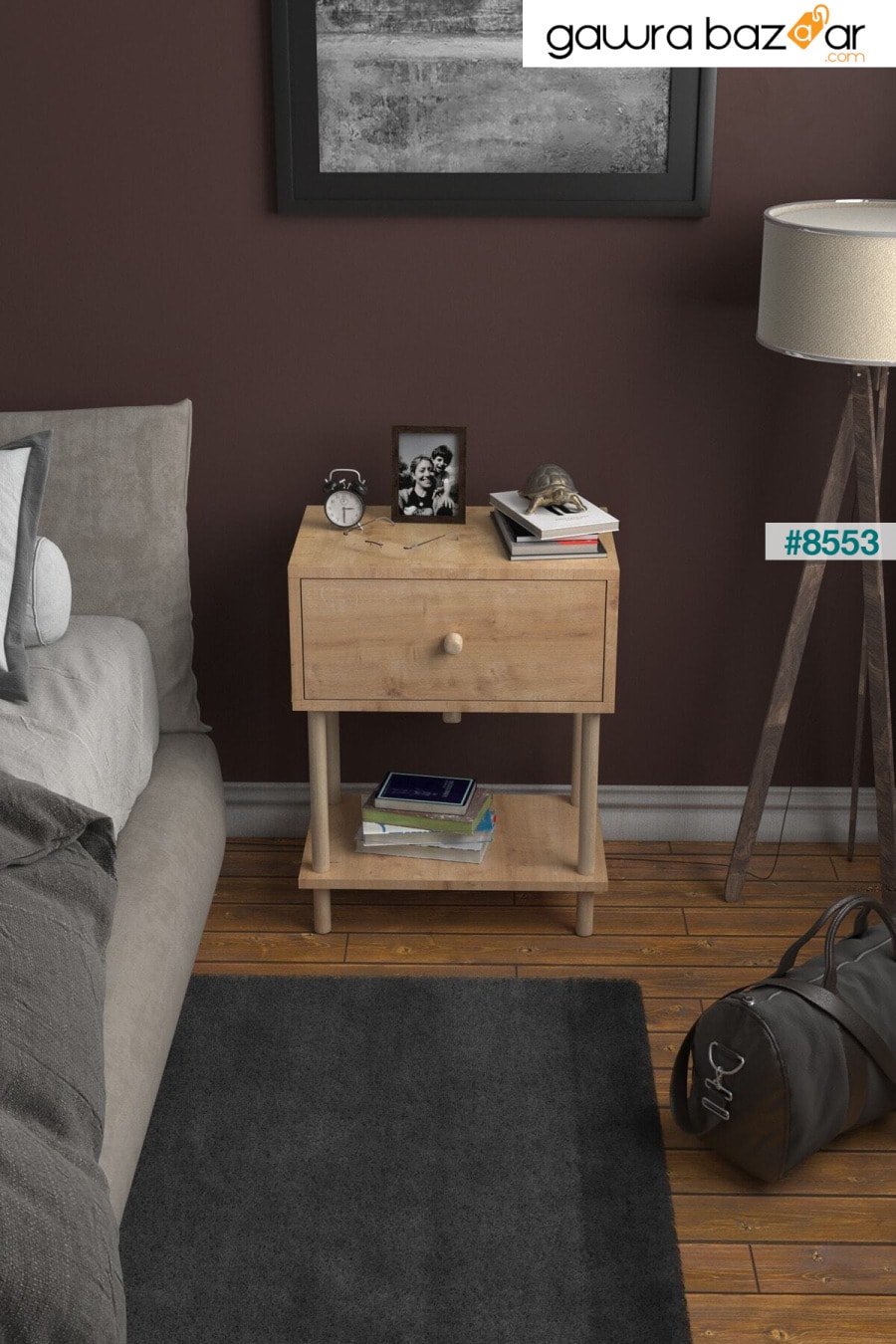 منضدة حديثة مع غطاء منسدل لرف غرفة النوم وطاولة جانبية منظمة بأرجل خشبية - بلوط ياقوتي PEKA 2