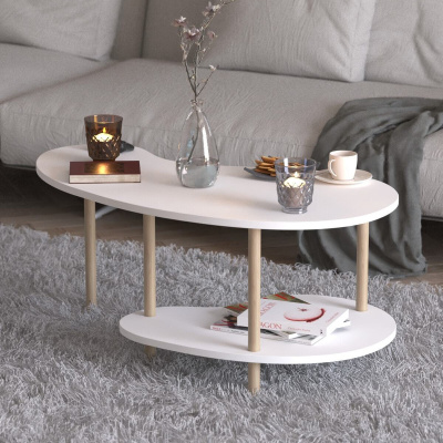 طاولة القهوة ذات الأرجل الخشبية مع رفين طاولة القهوة المزخرفة مع كشك للجرائد - أبيض