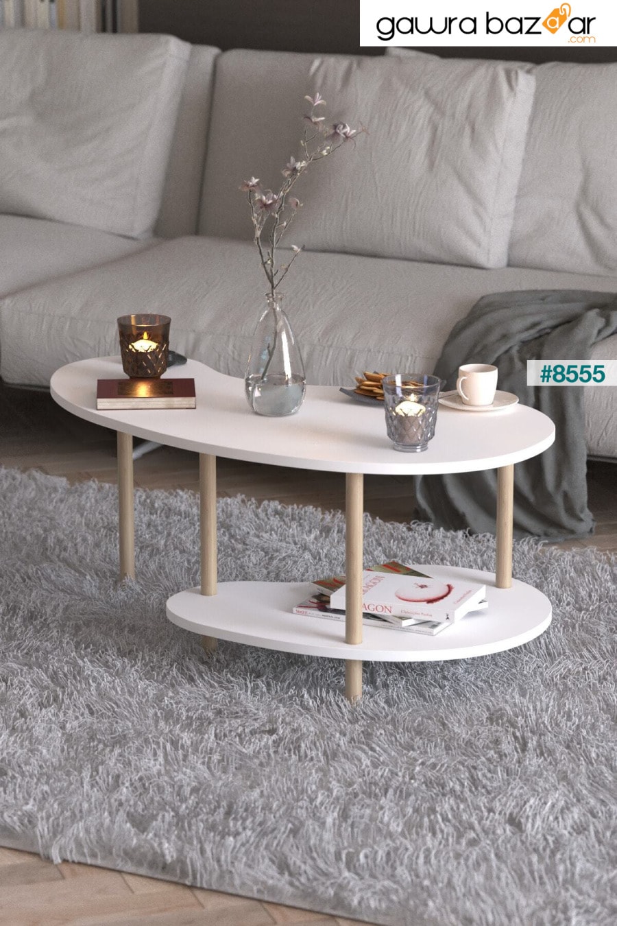 طاولة القهوة ذات الأرجل الخشبية مع رفين طاولة القهوة المزخرفة مع كشك للجرائد - أبيض PEKA 1