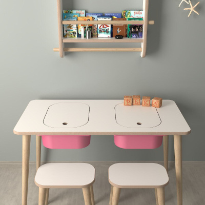 طاولة لعب وأنشطة للأطفال - 2 مقعد - مع سلة وردية