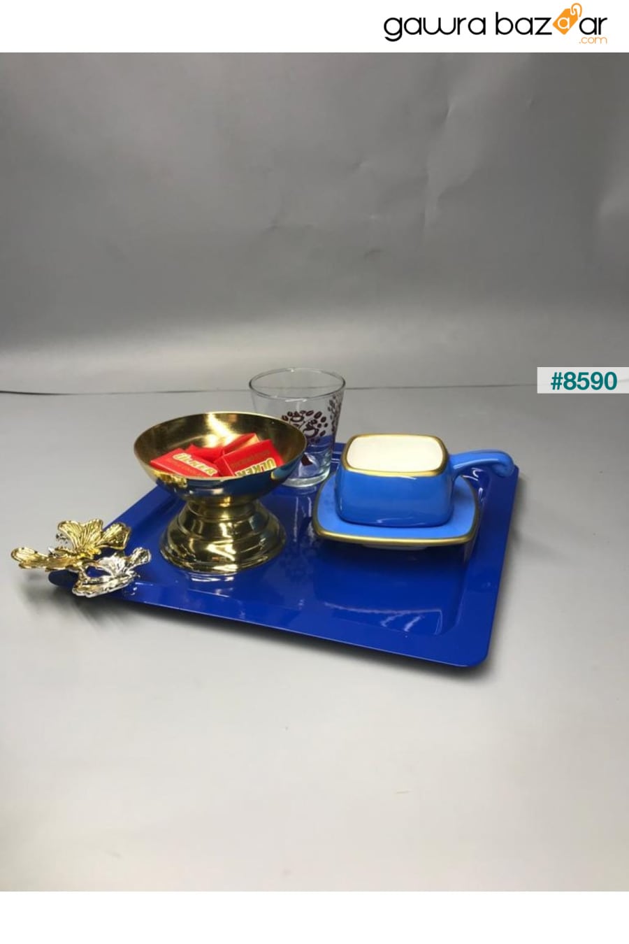 صينية تقديم تقديم تقديم مزخرفة باللون الأزرق المربعة من الفولاذ المقاوم للصدأ للقهوة والشاي مع ملحقات فراشة فاخرة Aslı Hediyelik 2