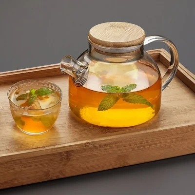 إبريق شاي أعشاب البورسليكات المقاوم للحرارة 1000 مل مع غطاء من الخيزران 1 لتر