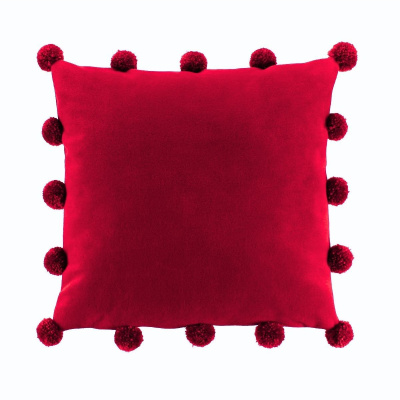 غطاء وسادة مربع أحمر مع بوم بوم كبير 43 × 43 سم، إسكندنافي، بوهيمي