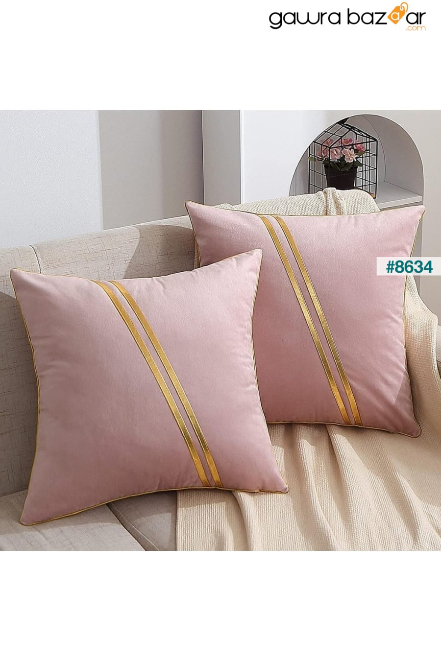 مجموعة من 2 غطاء وسادة باللون الوردي، ذو مظهر مخملي مع أشرطة ذهبية وشرائط جلدية Bc Home 0