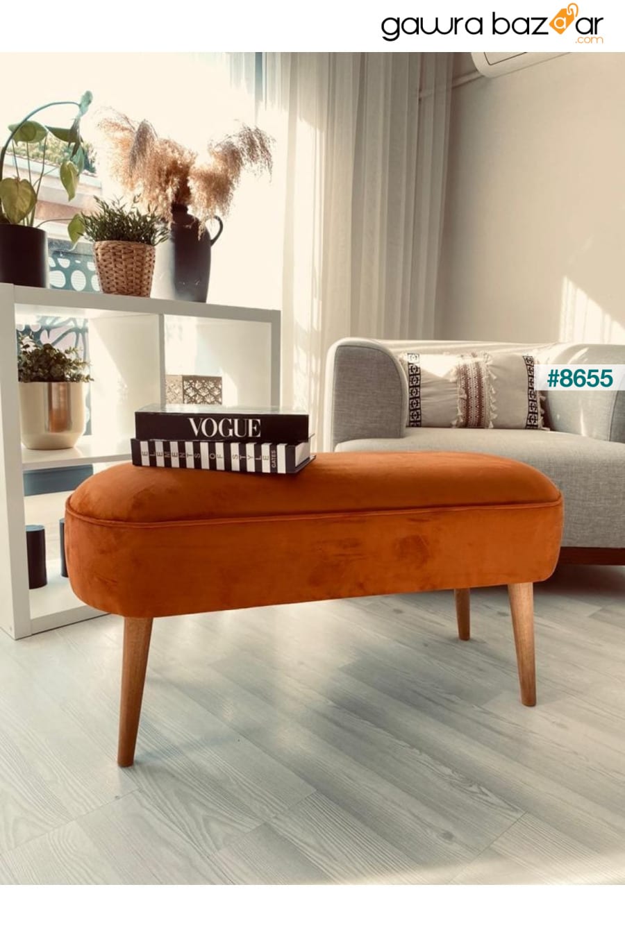 مقعد بيضاوي بتصميم خاص مع أرجل خشبية من شعاع البوق القديم ومنطقة جلوس كبيرة باللون البرتقالي WEBPANYA 4