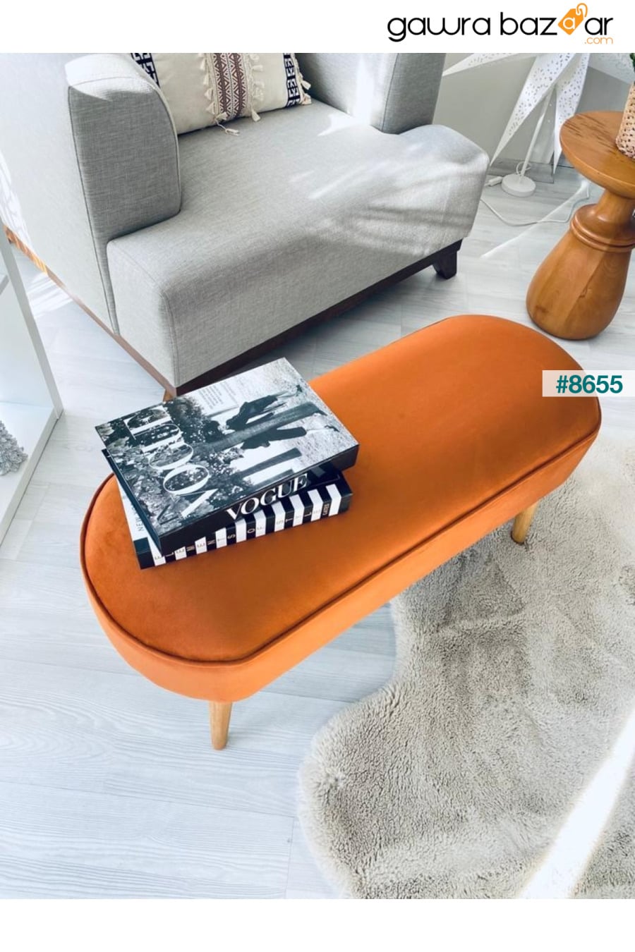 مقعد بيضاوي بتصميم خاص مع أرجل خشبية من شعاع البوق القديم ومنطقة جلوس كبيرة باللون البرتقالي WEBPANYA 2