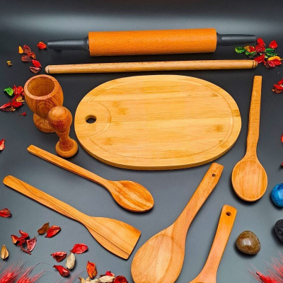 الأسطوانة الخشبية الطبيعية المتداول شوبك المطبخ تخدم مغرفة قطع المجلس هاون مجموعة من 10 مجموعة المهر