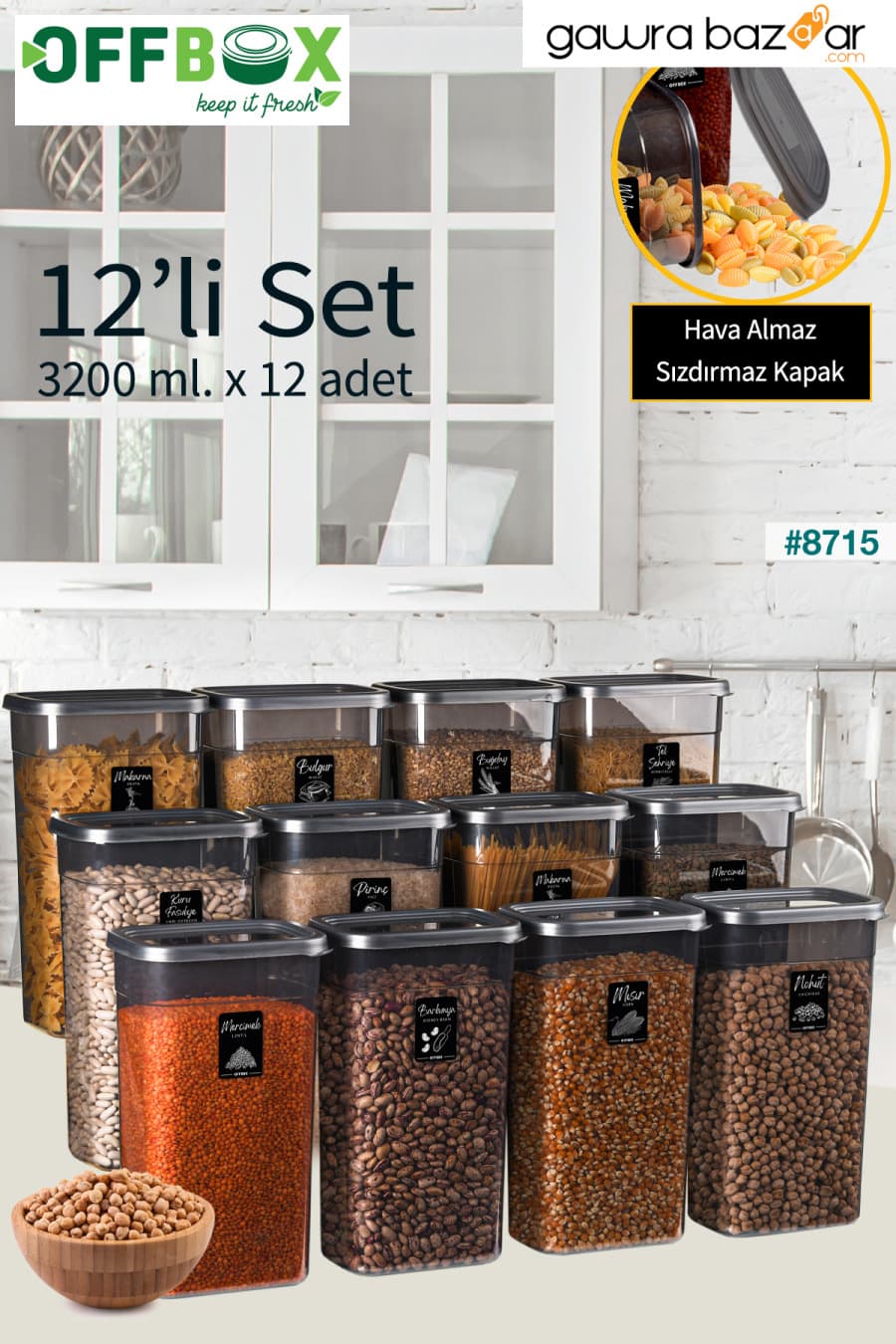 حاوية تخزين الطعام والنبض مستطيلة الحجم سعة 12 لتر سعة 3.2 لتر مع 20 ملصق هدية D3200-12 OFFBOX 1