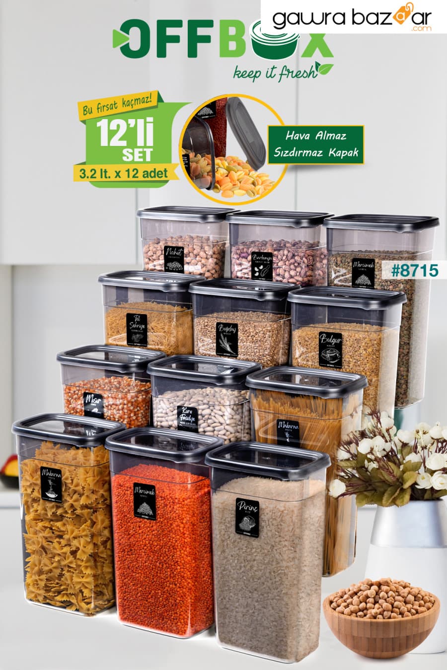 حاوية تخزين الطعام والنبض مستطيلة الحجم سعة 12 لتر سعة 3.2 لتر مع 20 ملصق هدية D3200-12 OFFBOX 0