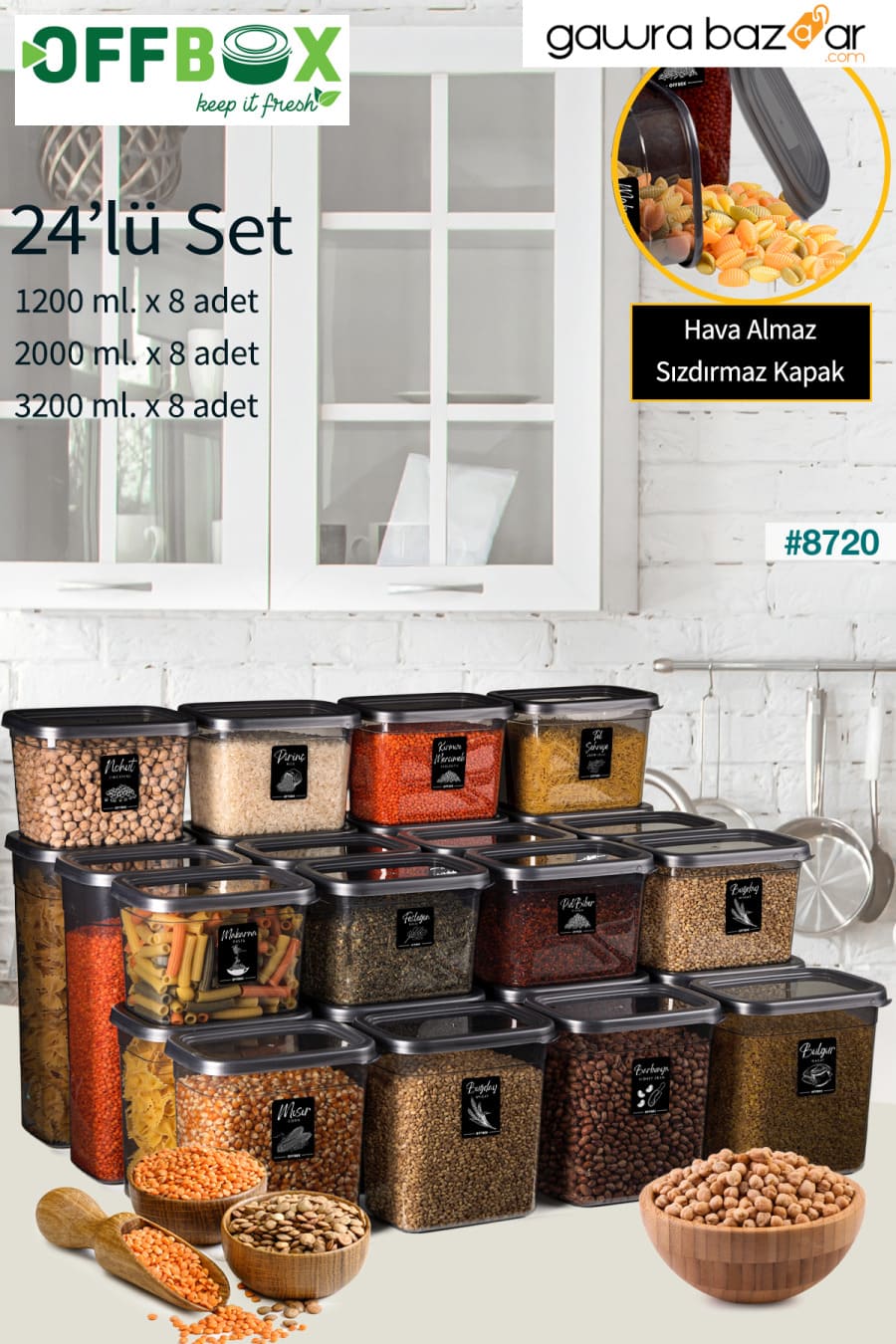 مجموعة توابل لتخزين نبضات الطعام مستطيلة 24 قطعة، 1.2 لتر - 2 لتر - 3.2 لتر 40 ملصق OFFBOX 0