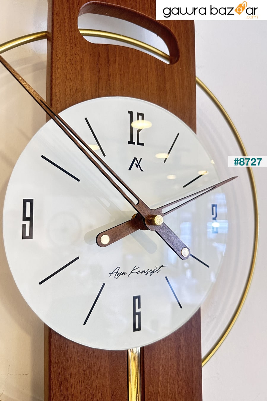ساعة حائط بتصميم خاص من مير تايم، زجاج معدني ذهبي، لون الجوز، خشب AGA KONSEPT 4