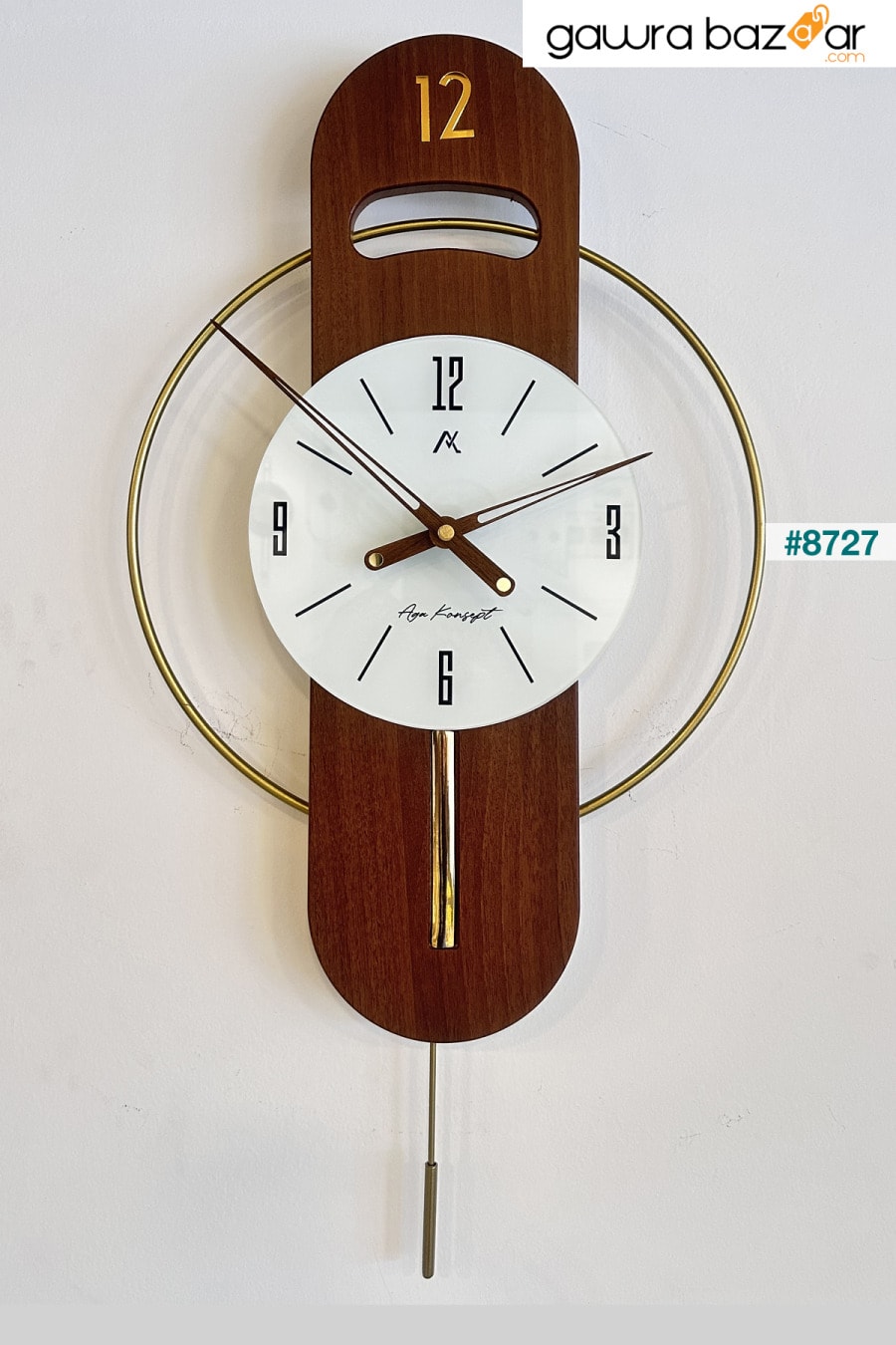 ساعة حائط بتصميم خاص من مير تايم، زجاج معدني ذهبي، لون الجوز، خشب AGA KONSEPT 1
