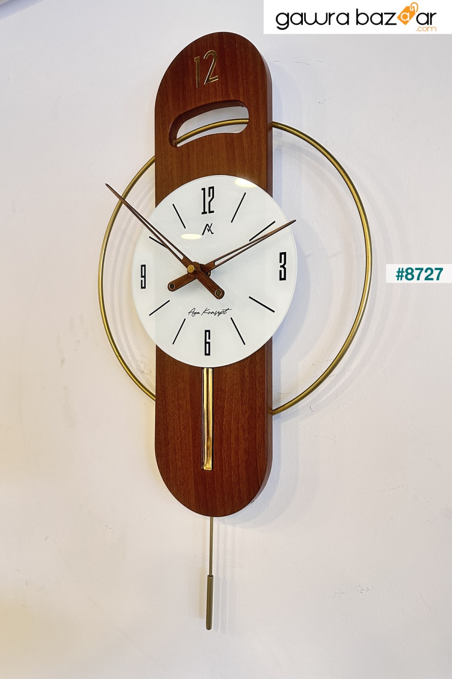 ساعة حائط بتصميم خاص من مير تايم، زجاج معدني ذهبي، لون الجوز، خشب AGA KONSEPT 3
