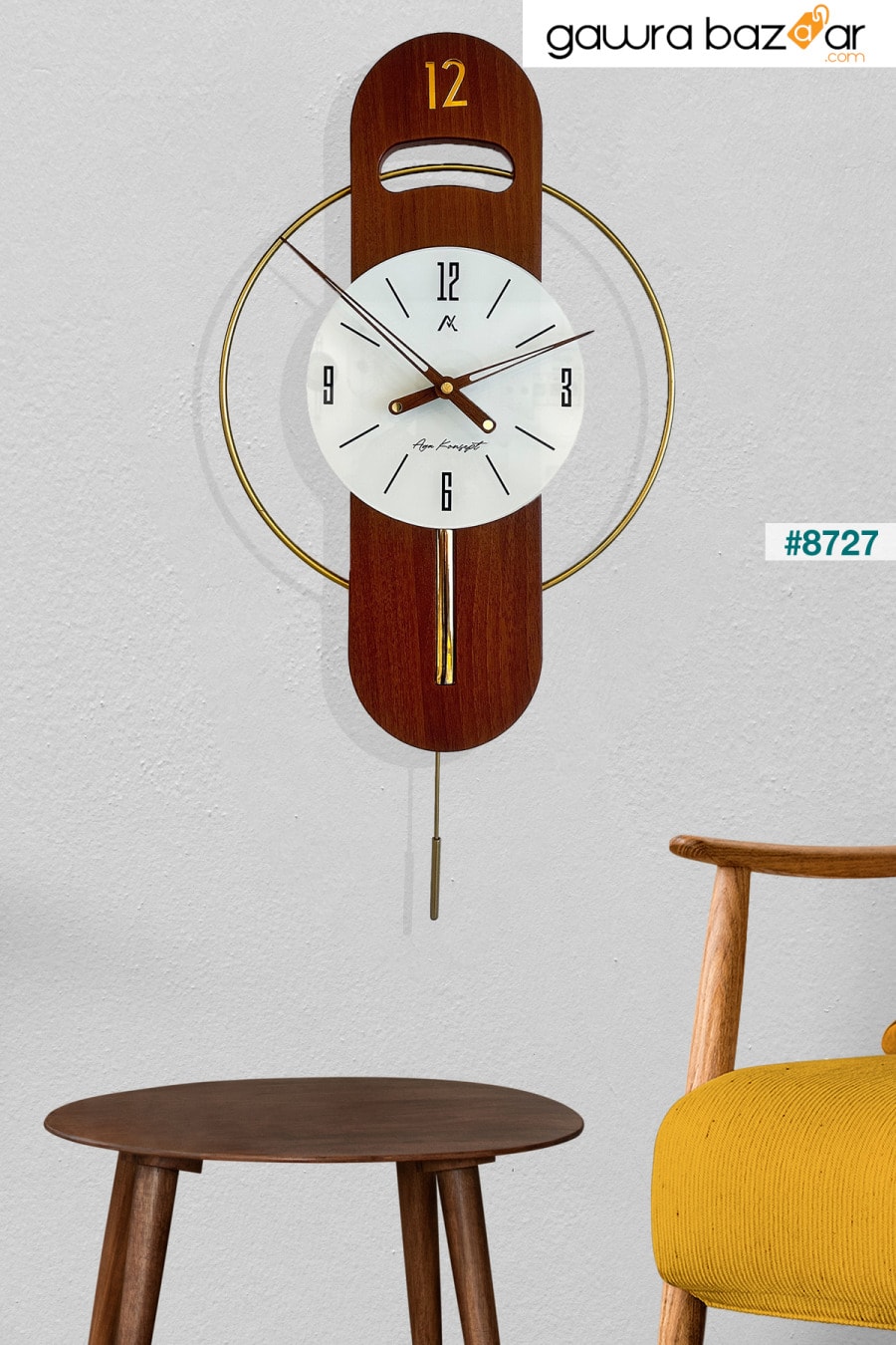 ساعة حائط بتصميم خاص من مير تايم، زجاج معدني ذهبي، لون الجوز، خشب AGA KONSEPT 2