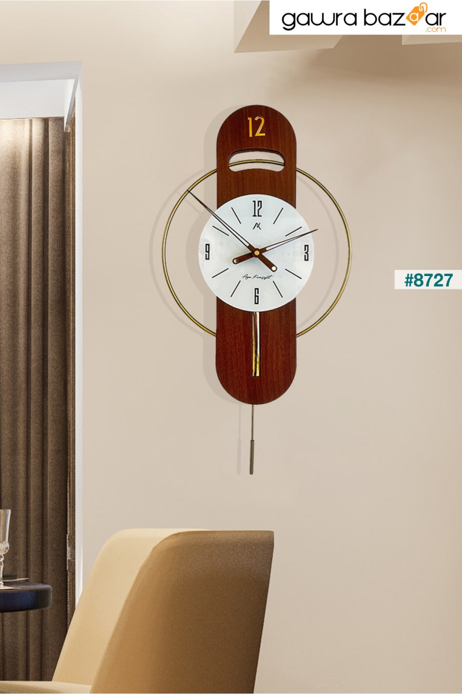 ساعة حائط بتصميم خاص من مير تايم، زجاج معدني ذهبي، لون الجوز، خشب AGA KONSEPT 0