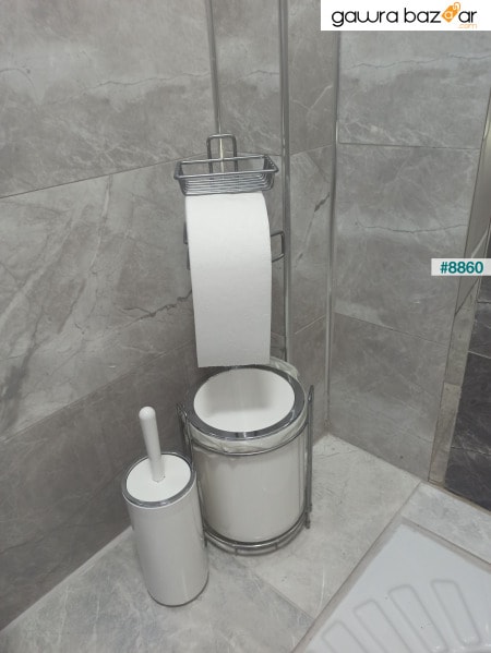 حامل ورق مرحاض بديل من الكروم - سلة مهملات بيضاء مستديرة ومجموعة فرشاة مرحاض