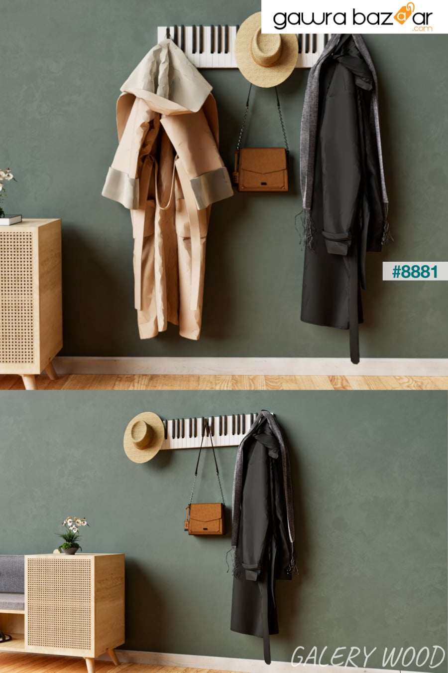 شماعة ملابس البيانو الخشبية المزخرفة ذات 21 مفتاحًا، متعددة الأغراض، حقيبة باب البيانو؛ 15 × 75 سم Galery Wood 5
