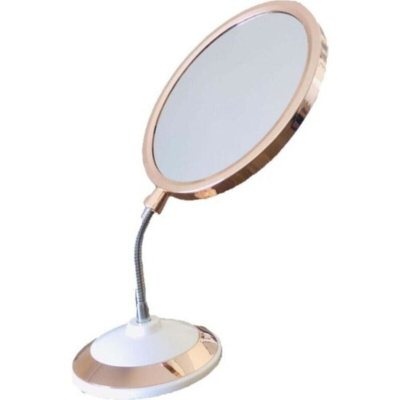 مرآة مكياج دائرية ومكبرة على الوجهين واقفة باللون الذهبي الوردي