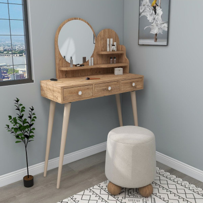طاولة مكياج ذات مرآة بأرجل خشبية من خشب الصنوبر الأطلسي - سجاد