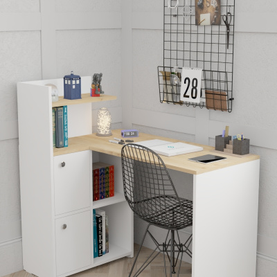 مكتب دراسة L مع خزانة كتب وخزانة على الجانب الأيسر من خشب البلوط الياقوت، مقاس واحد