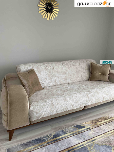 غطاء أريكة سرير للأريكة كريمي منقوش بقاعدة إسفنجية مضادة للانزلاق، قماش مخملي