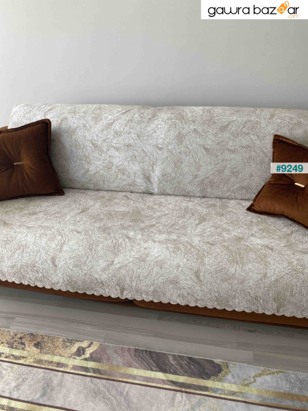 غطاء أريكة سرير للأريكة كريمي منقوش بقاعدة إسفنجية مضادة للانزلاق، قماش مخملي