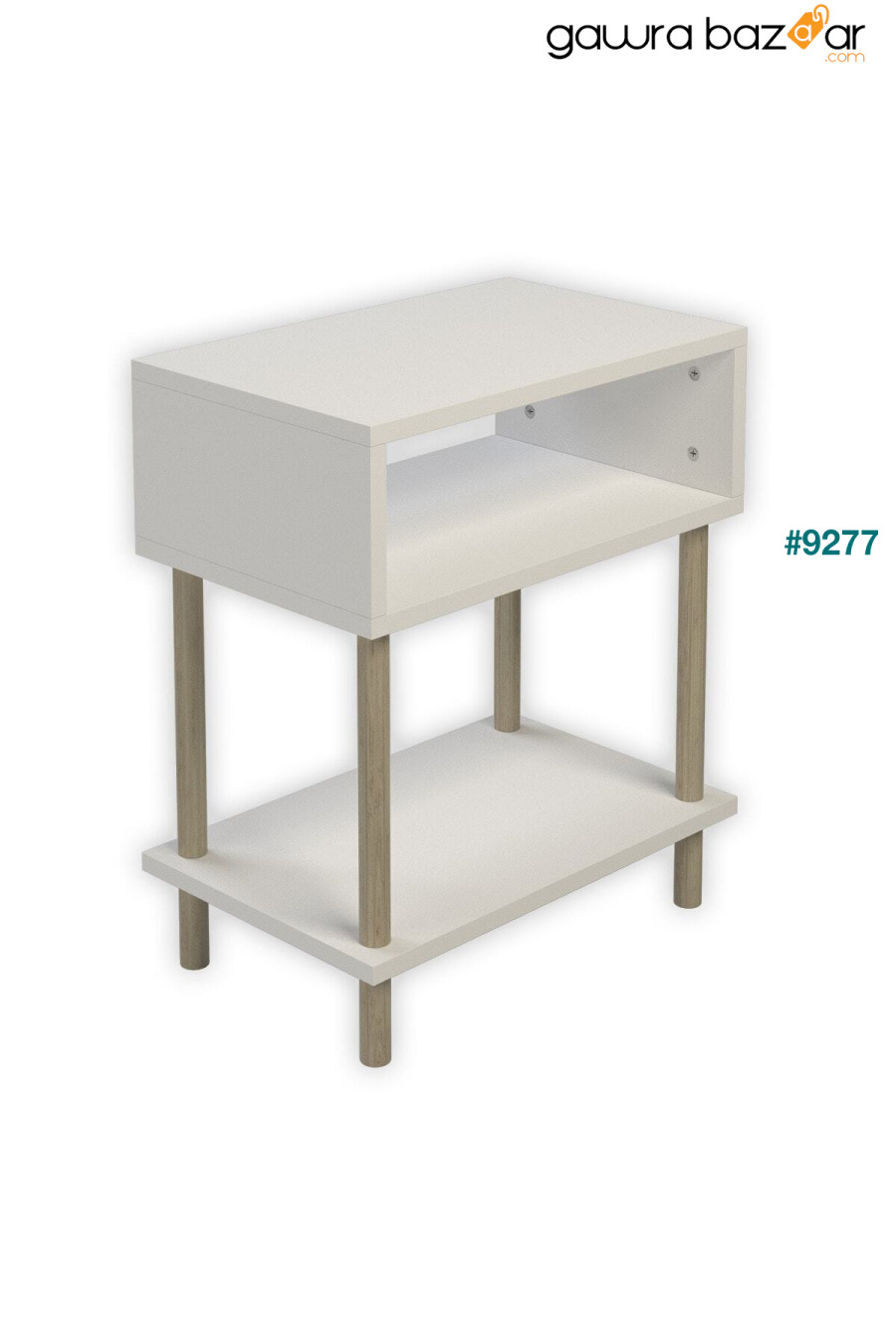 منضدة حديثة مع رفين لتنظيم جوانب السرير وطاولة جانبية بأرجل خشبية - باللون الأبيض PEKA 3