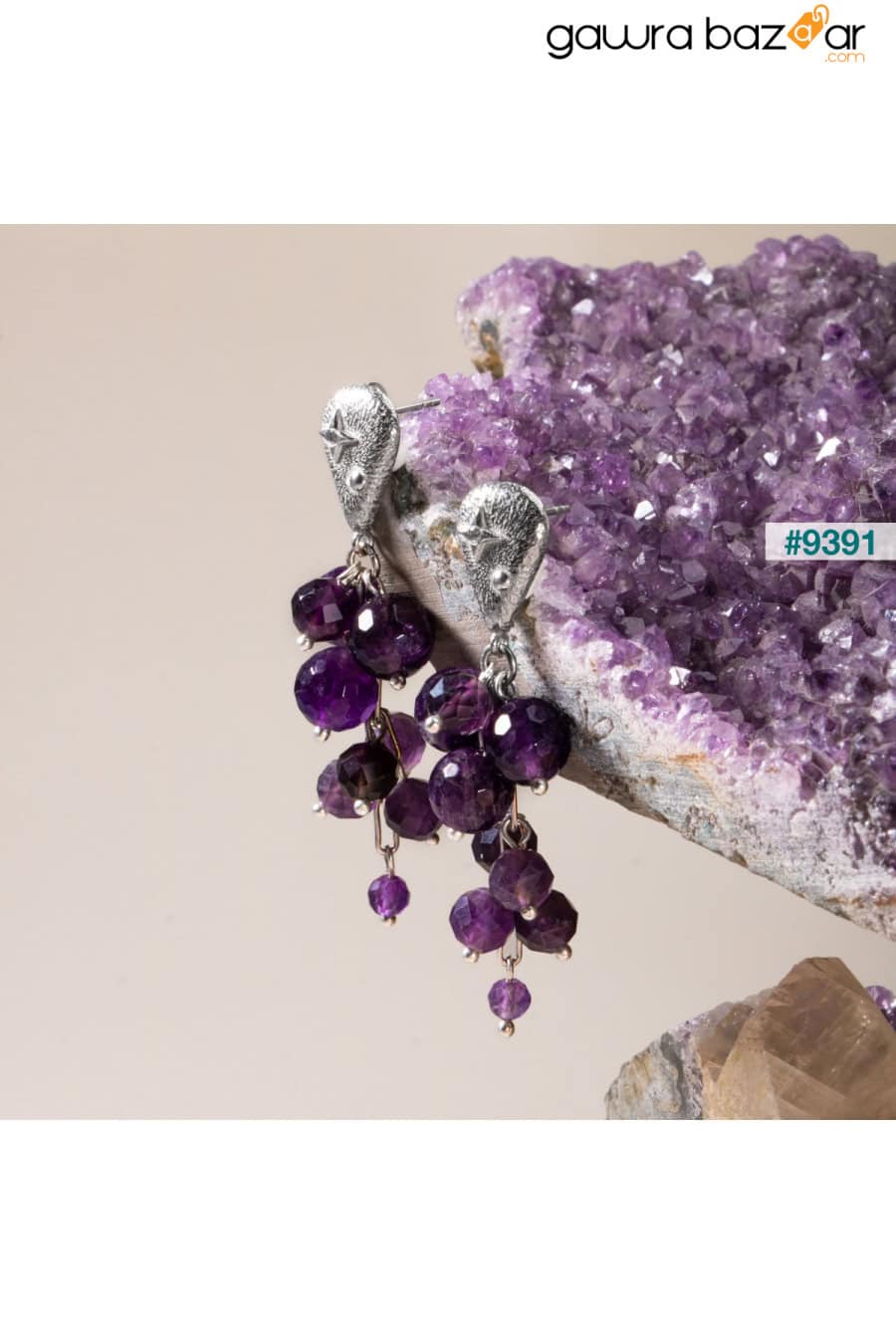 قلادة مصنوعة يدويًا من حجر الجمشت الطبيعي المعتمد وأقراط فضية OSMANLI DOĞAL TAŞ 3