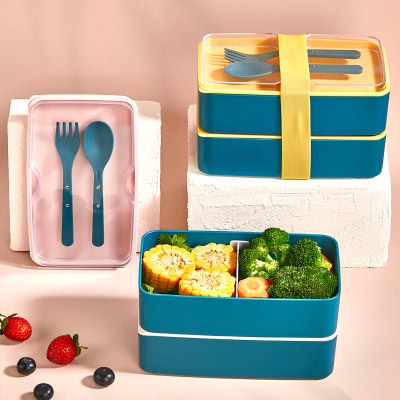 مجموعة صندوق غداء مكونة من طبقتين لتخزين الطعام - صندوق غداء للرياضيين والطلاب واللياقة البدنية والمدرسة في مكان العمل
