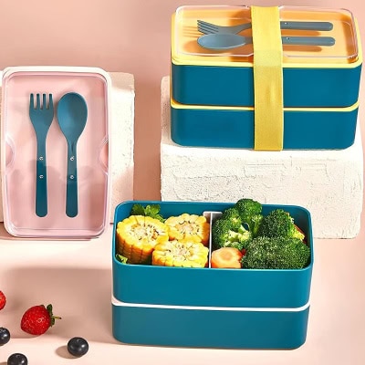 مجموعة صندوق غداء مكونة من طبقتين لتخزين الطعام - صندوق غداء للرياضيين والطلاب واللياقة البدنية والمدرسة في مكان العمل