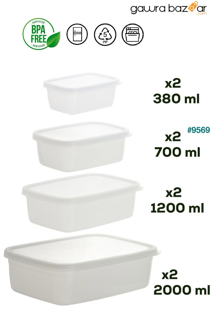 1046 مجموعة حاويات تخزين الطعام بالميكروويف مكونة من 16 قطعة، نو فروست -25 درجة مئوية، أبيض Porsima 4