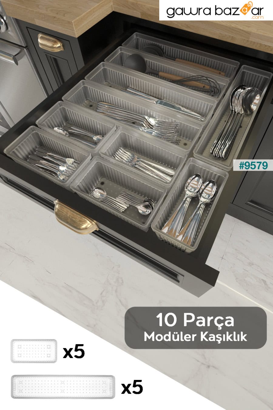 مجموعة مكونة من 10 قطع من حامل أدوات المائدة ومنظم للأدراج وملعقة وشوكة ومنظم للسكاكين شفاف Meleni Home 0