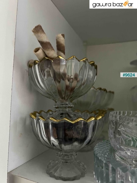 آرت - وعاء زجاجي مكون من 6 قطع بتفاصيل ذهبية - وعاء للوجبات الخفيفة - وعاء للمربى - وعاء للحلويات التركية - وعاء للتقديم