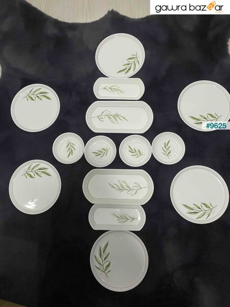 مجموعة إفطار سيراميك فاخرة منقوشة بأوراق الكاميليا الخضراء النباتية مكونة من 14 قطعة لستة أشخاص